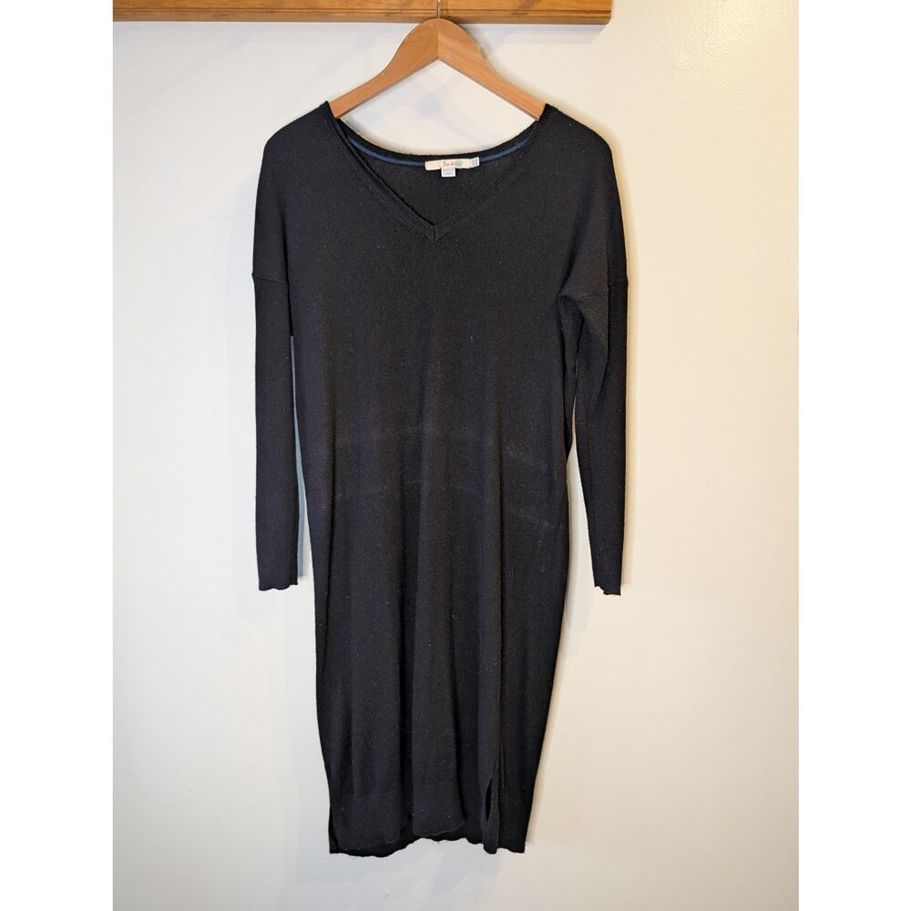 Boden Cashmere Wool Sweater Dress V-Neck Black Knit Midi 8L Minimalist Cozy